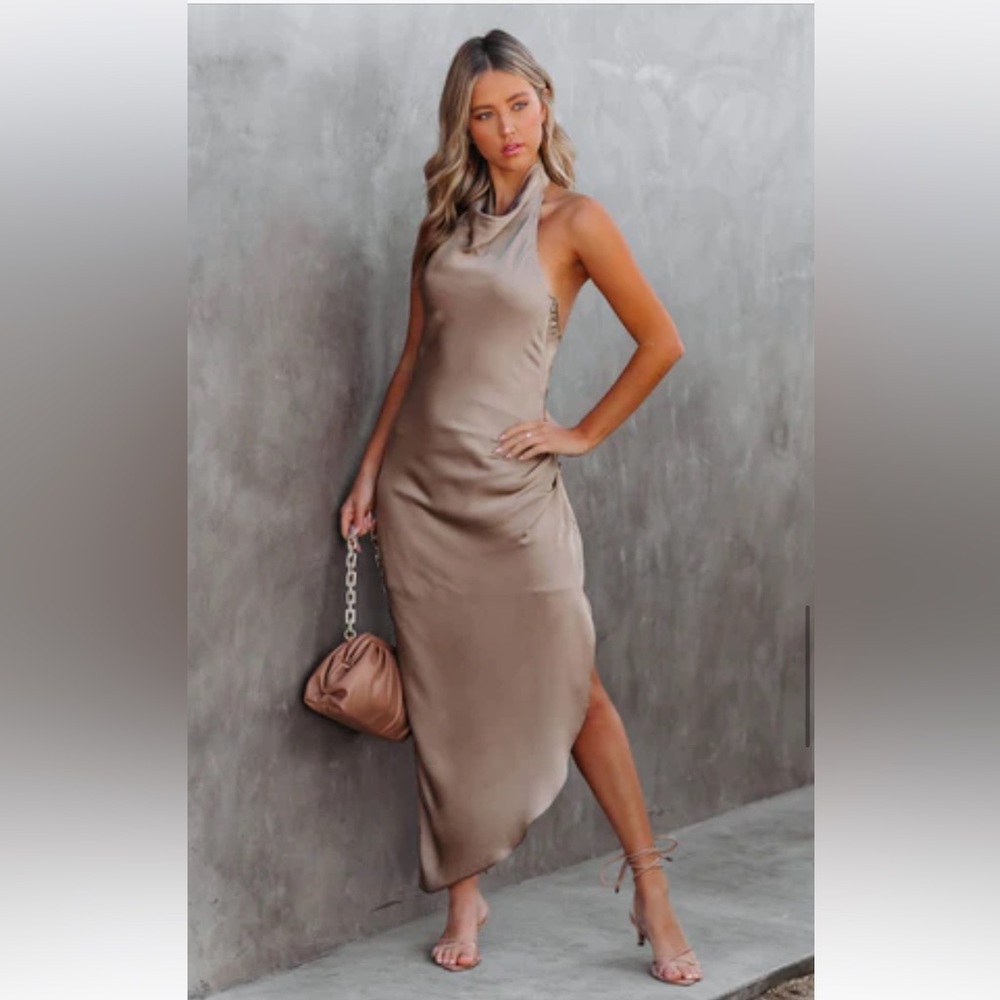 Havyn Satin Asymmetrical Halter Midi Dress Vici Collection Mocha
